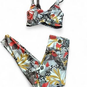 Maaji Floral Print Leggings & Sports Bra Set in Coral, Mustard & Light Blue